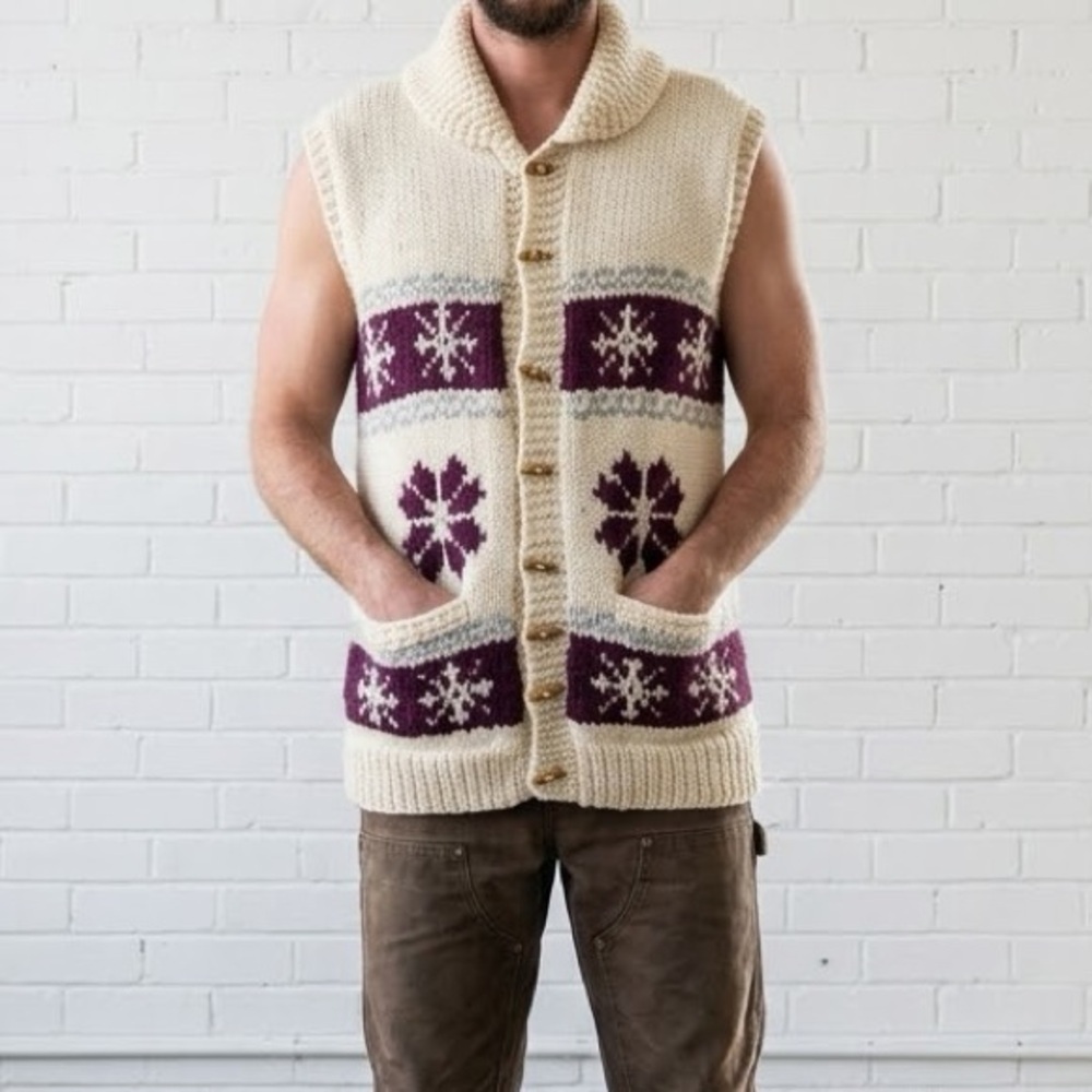 Vintage Handmade Knit Cardigan Sweater Vest Shawl Collar Mens Large Cowichan 70s